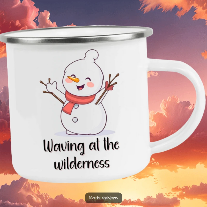Funny camping mug showing a jolly snowman character waving a twig arm, bringing winter cheer to any outdoor setting.