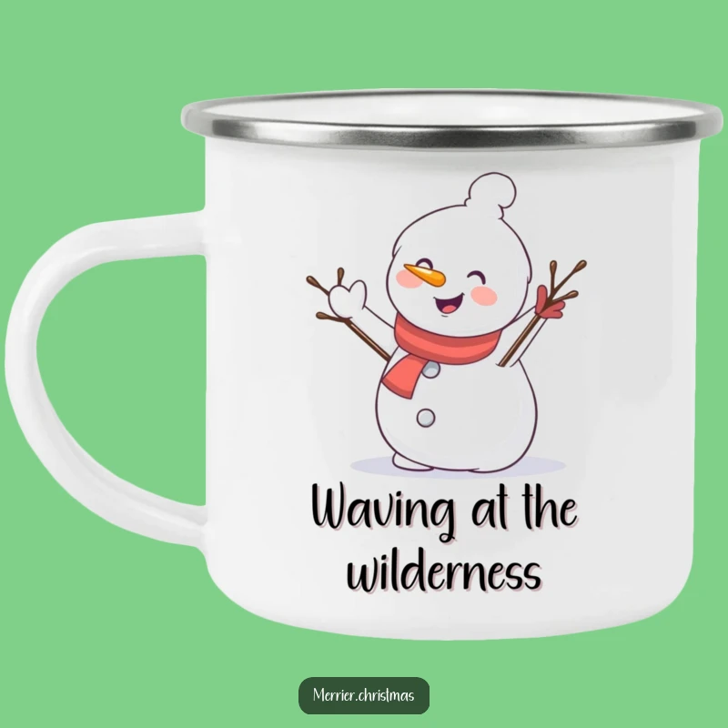 Funny Snowman Waving Camping Mug: Outdoor Cheer and Hilarious Winter Gift
