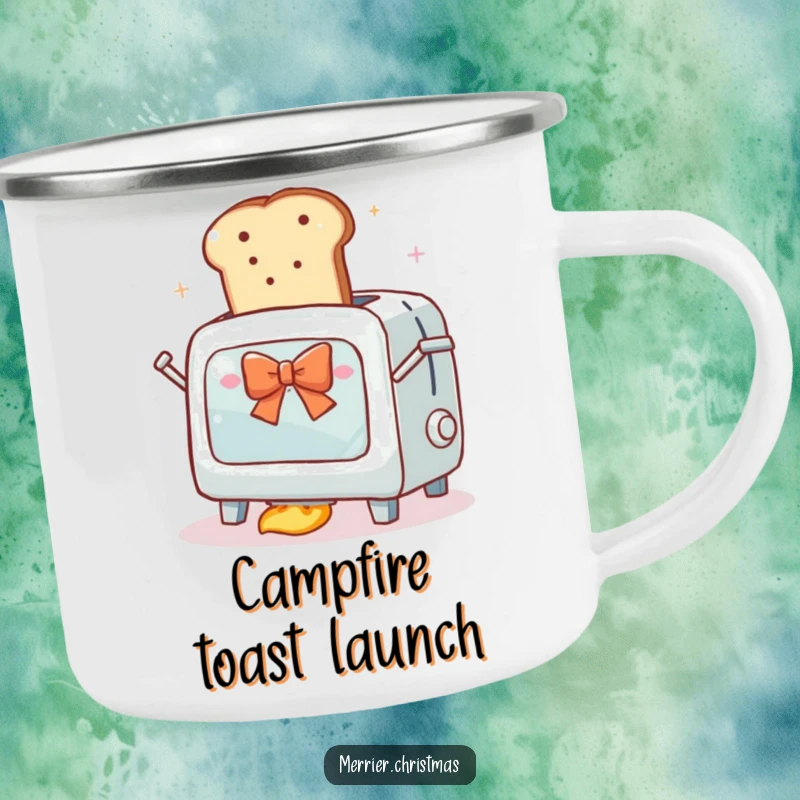 Funny camping mug depicting an enthusiastic toaster oven launching a slice of bread with a festive bow into orbit, for adventurous mornings.