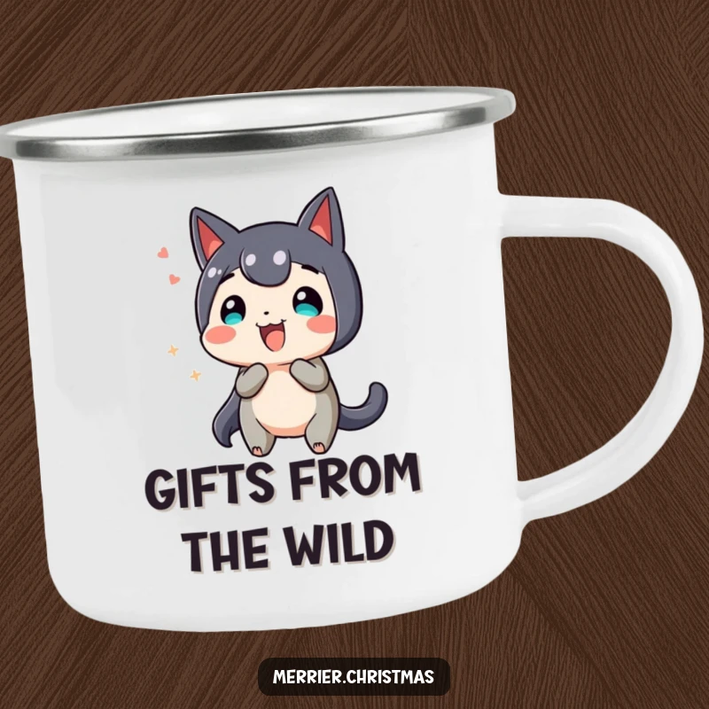 Funny Enamel Camping Mug, showing a present character wiggling with excitement, perfect for outdoor fun.