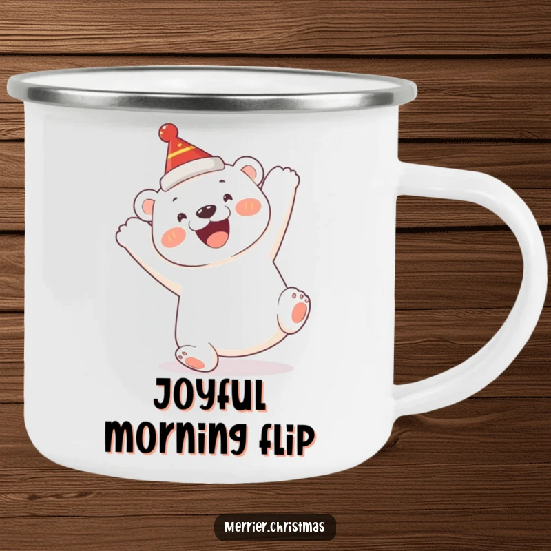 Funny Polar Bear Cub Camping Mug: a durable mug with a happy cub humorously doing a somersault, for outdoor enjoyment.
