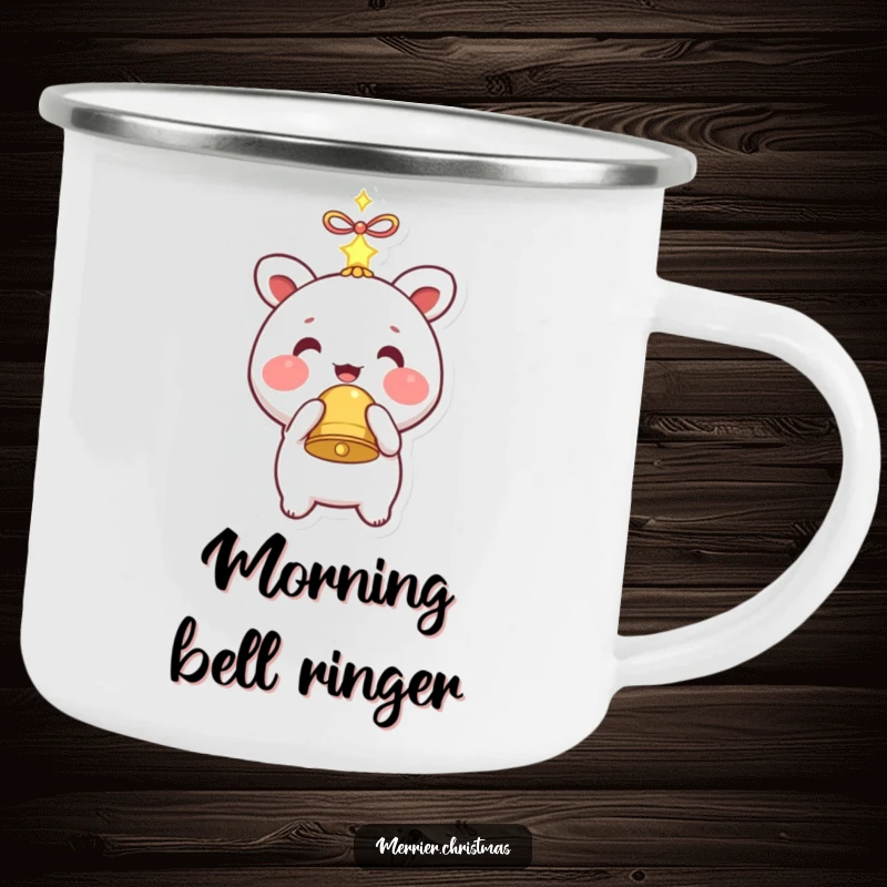 Funny enamel camping mug with a kawaii character holding a sparkling bell, perfect for outdoor trips.