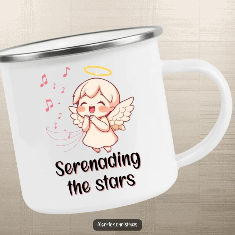 Funny kawaii angel camping mug, a singing angel with a joyful expression and music notes, perfect for outdoor, peaceful enjoyment.
