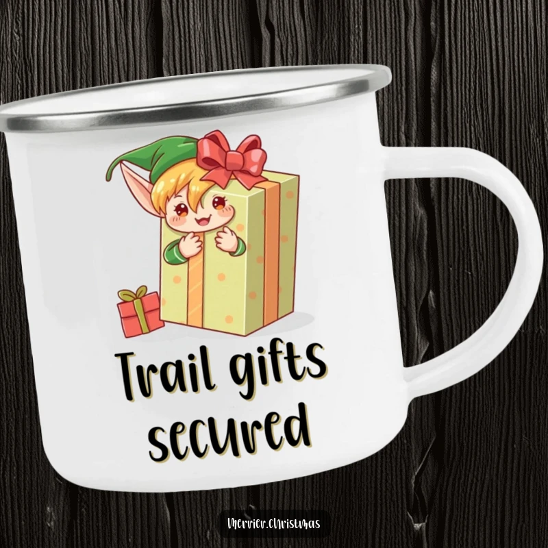 Funny camping mug showing an elf character enthusiastically wrapping a giant gift, ideal for holiday outdoor enjoyment.