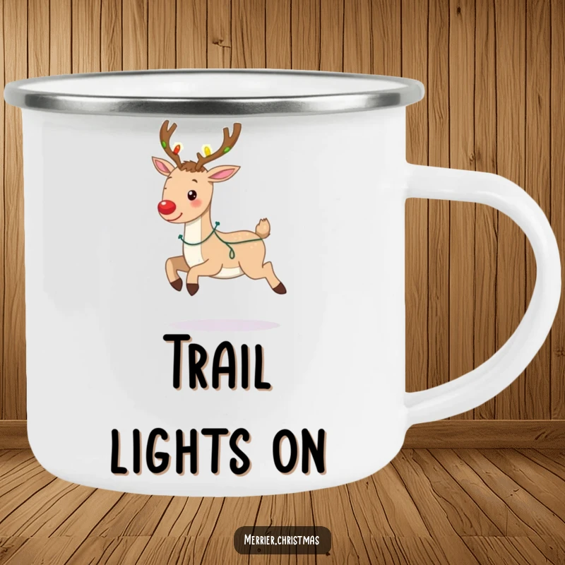 Funny camping mug featuring a joyful reindeer prancing, antlers decorated with Christmas lights, perfect for outdoor holiday enjoyment.