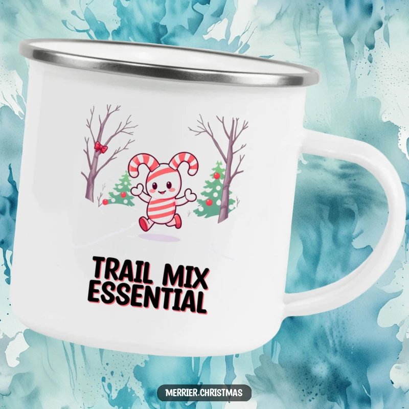 Funny camping mug featuring a kawaii candy cane character merrily trekking through snow, perfect for hot beverages on outdoor adventures.