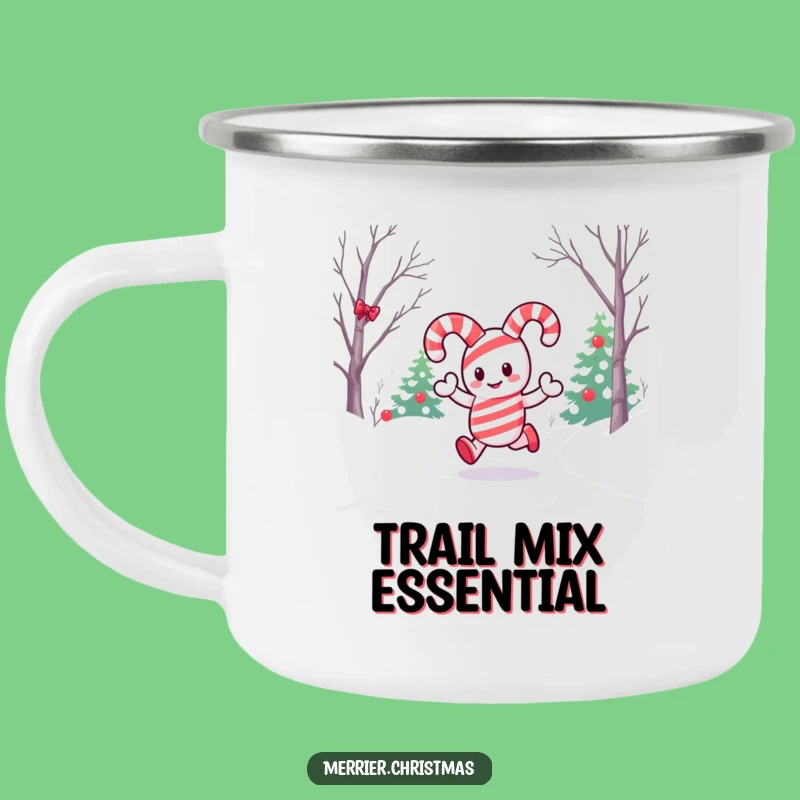 Funny Kawaii Candy Cane Camping Mug: Snowy Path Adventures, Perfect Outdoor Gift
