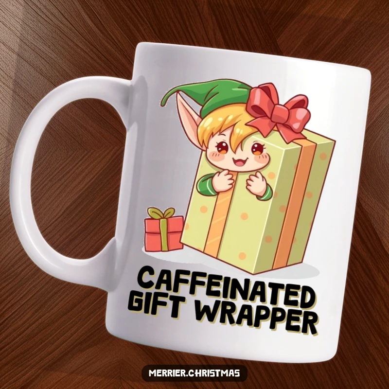 Funny mug featuring a cheerful elf character enthusiastically wrapping an oversized present with colorful paper and ribbon.