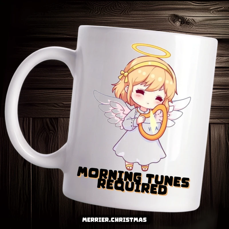 Funny Angel Mug featuring a character dressed as an angel, playing a tiny, radiant harp, spreading peaceful and humorous vibes.