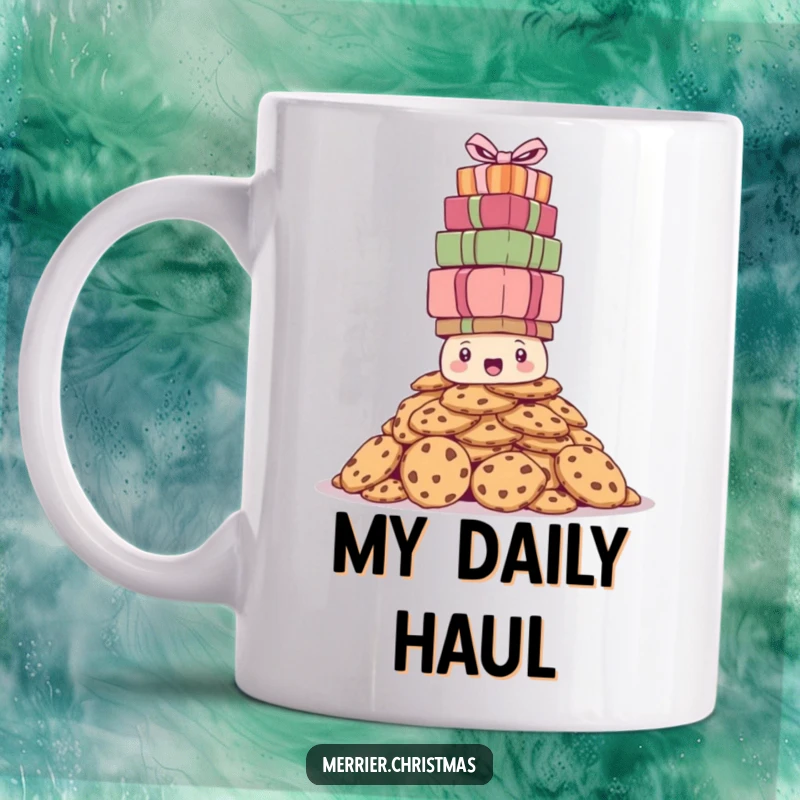 Funny cookie pile mug precariously balancing a huge stack of Christmas presents, looking utterly bewildered and stressed.