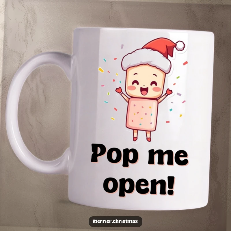 Funny Mug featuring a Christmas cracker character joyfully popping with confetti, bringing excitement and cheer.