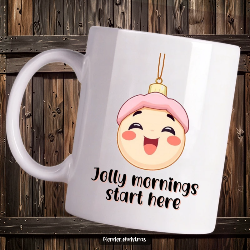 Funny mug featuring a Christmas ornament character with a wide, excited smile, embodying joyful, humorous holiday spirit.