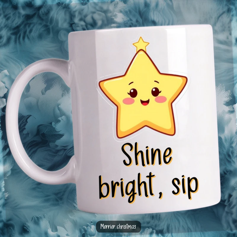 Funny Mug featuring a happy, stylized Christmas star character twinkling brightly, bringing festive cheer and light.