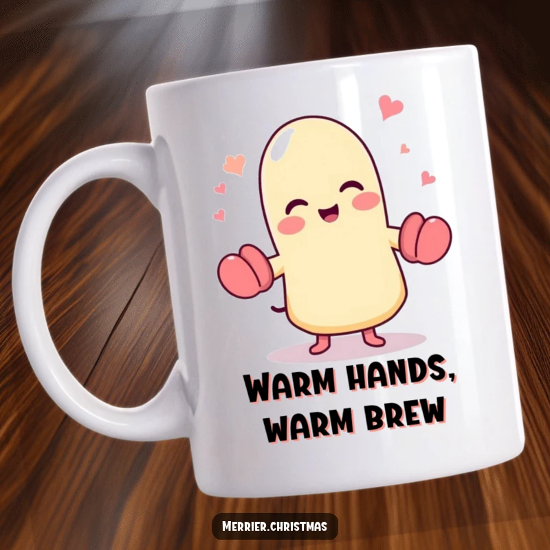 Funny dancing mitten mug, a cute character full of glee, joyfully grooving and spreading happiness.