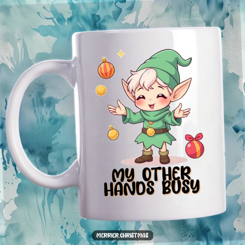 Funny mug showing a cheerful elf character gleefully juggling several shiny Christmas ornaments, radiating pure holiday joy and mischief.