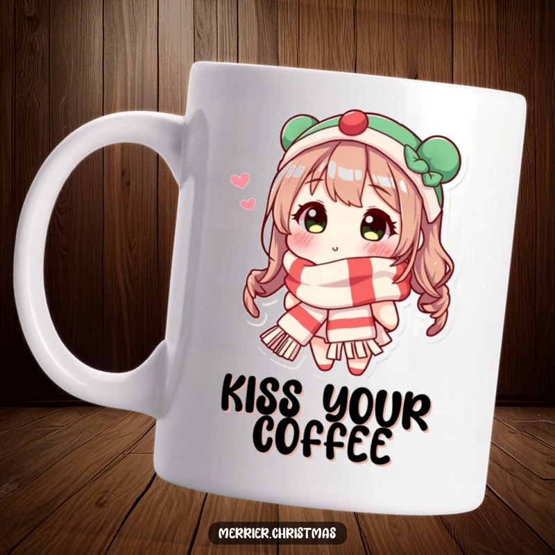 Funny Festive Scarf Kiss Mug showing a character in a holiday scarf blowing a kiss, radiating warmth and festive joy.