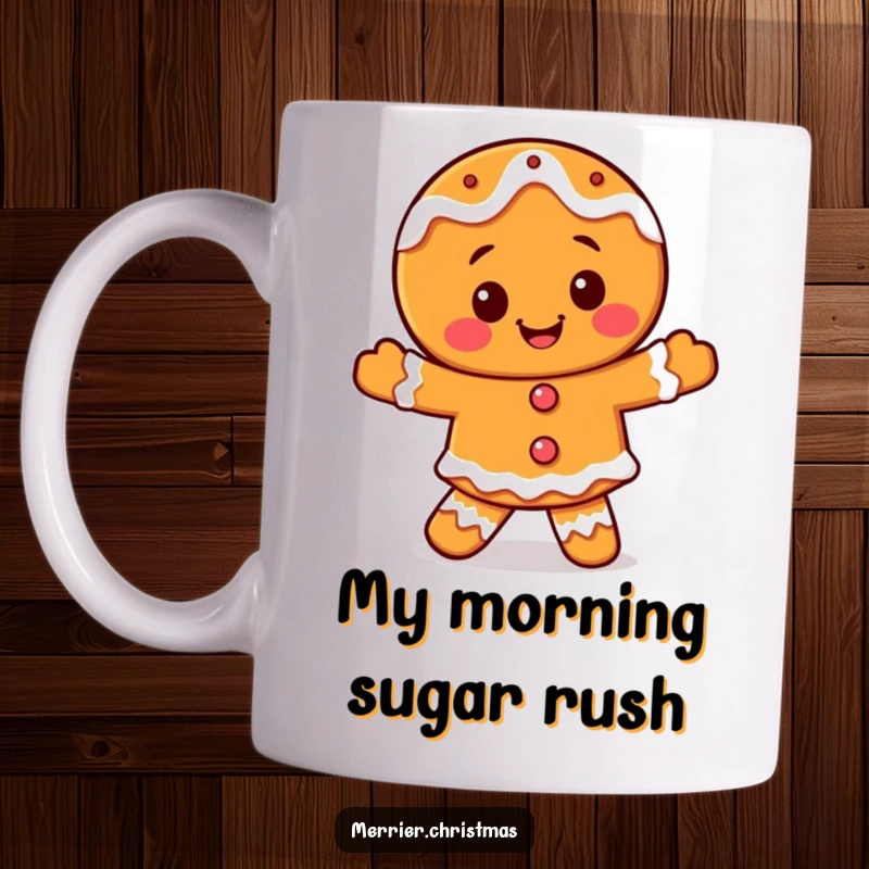 Funny smiling gingerbread man mug, iced with details, doing a happy dance, perfect for holiday cheer and festive mornings.
