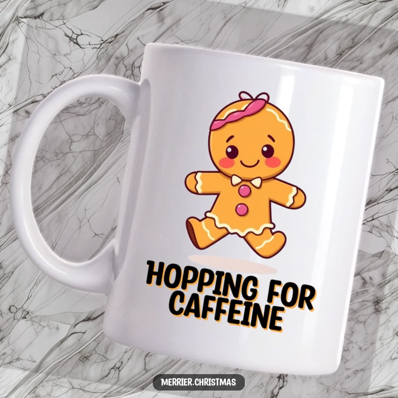 Funny mug showing a cheerful gingerbread character mid-hop with pure joy, radiating happiness and festive spirit.