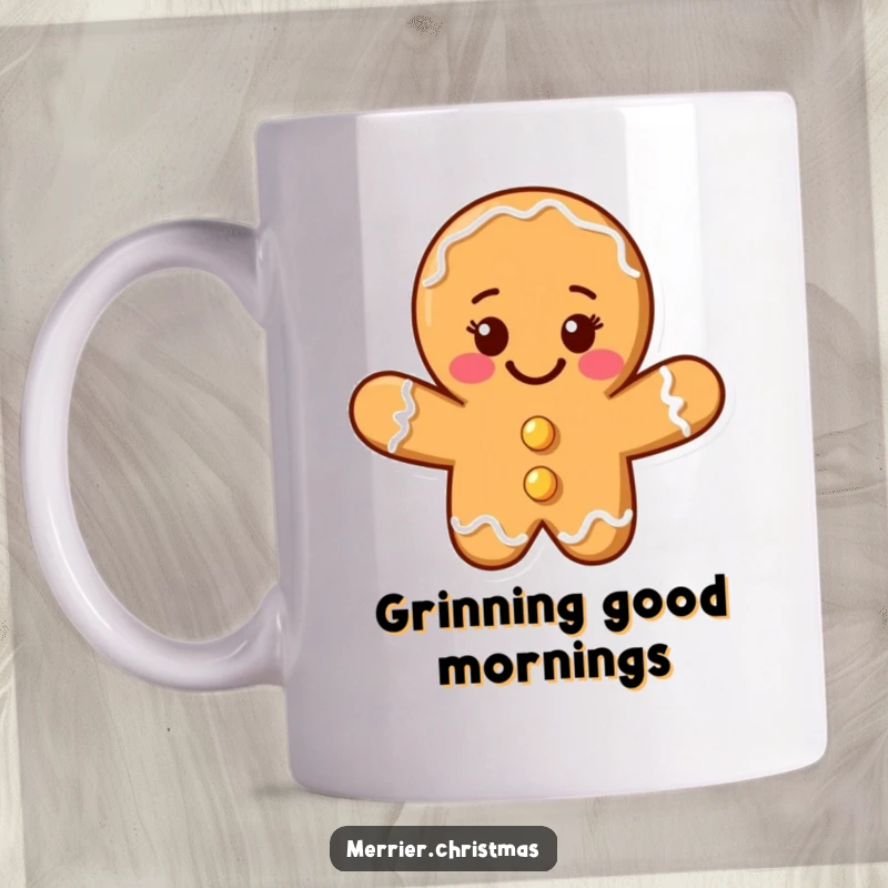 Funny whimsical gingerbread man mug with a beaming smile, spreading holiday cheer, a perfect funny gift.