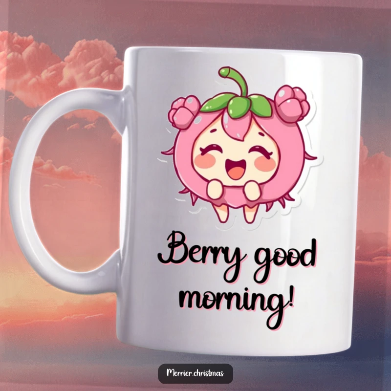 Funny holly berry character giggling uncontrollably with pure excitement, adorned with festive green leaves.