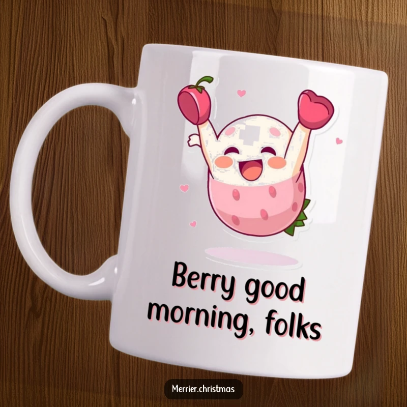 Funny Mug, a cheerful holly berry character performing a playful somersault with joy.