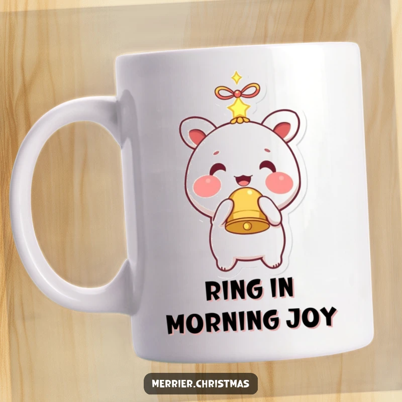 Funny kawaii mug with a smiling character with rosy cheeks holding up a sparkling bell, radiating happiness.