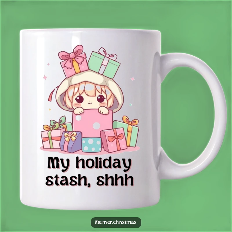 Funny Kawaii Character Peeking Present Pile Mug, The Perfect Humorous Gift!