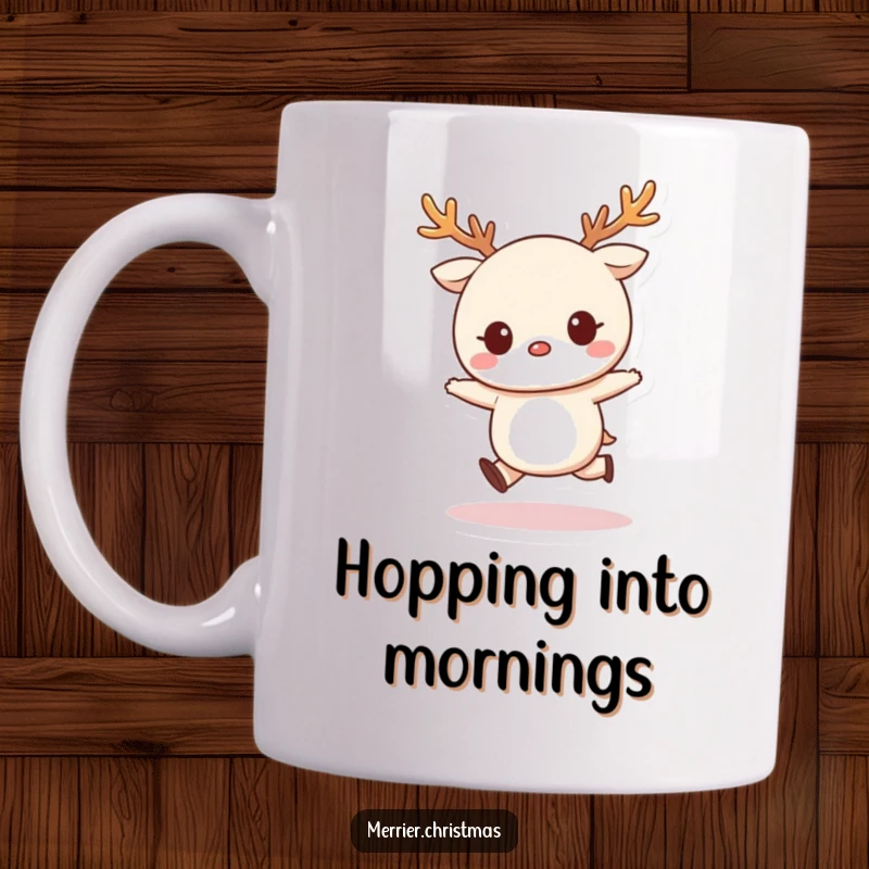 Funny Mug featuring a cute kawaii character wearing reindeer antlers and joyfully doing a little skip, radiating holiday cheer.