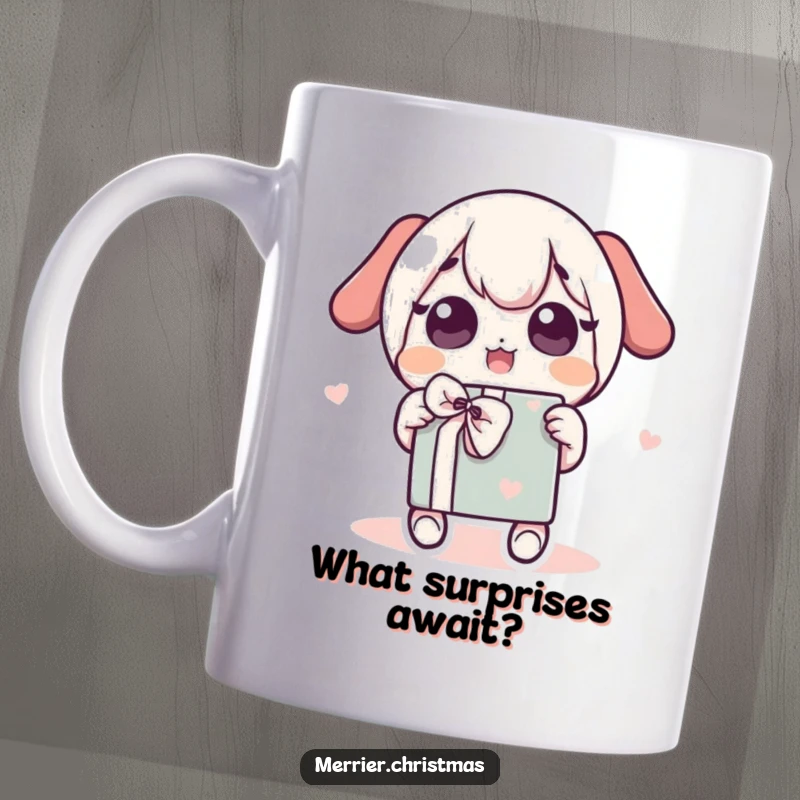Funny Mug showing a cute kawaii character excitedly shaking a wrapped gift, eyes wide with anticipation and pure joy.