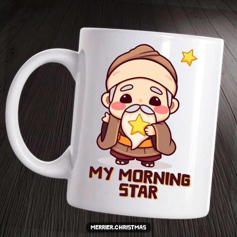 Funny mug featuring a kawaii wise man character joyfully offering a tiny, glowing star, radiating wisdom and warmth.