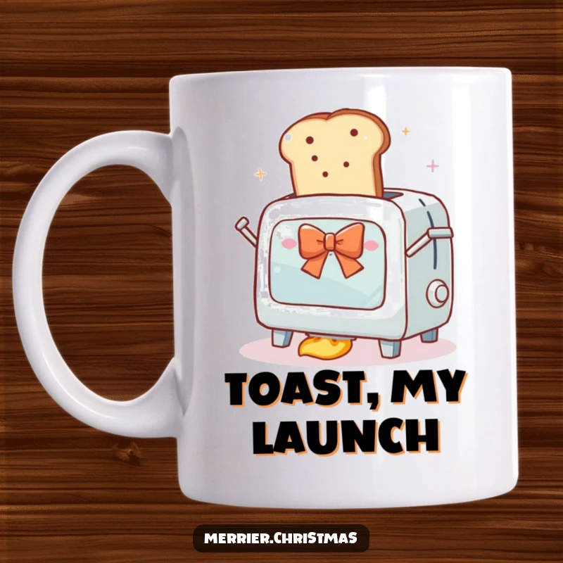 Funny mug depicting an enthusiastic toaster oven launching a slice of bread with a festive bow towards orbit.