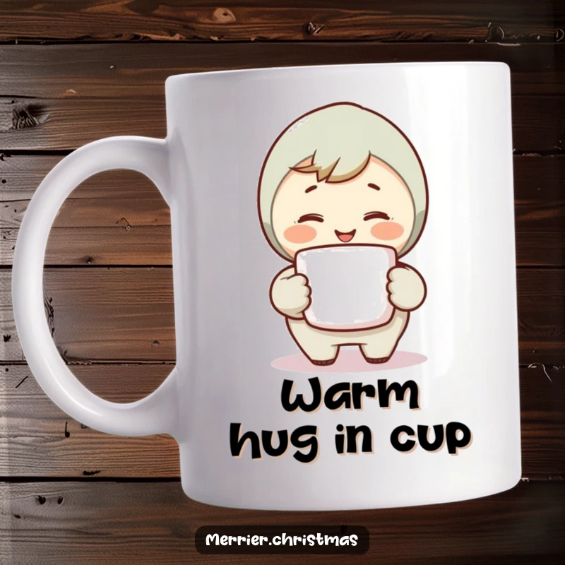 Funny Warm Smile Mug showing a character holding a steaming mug and smiling warmly, radiating comfort and friendliness.