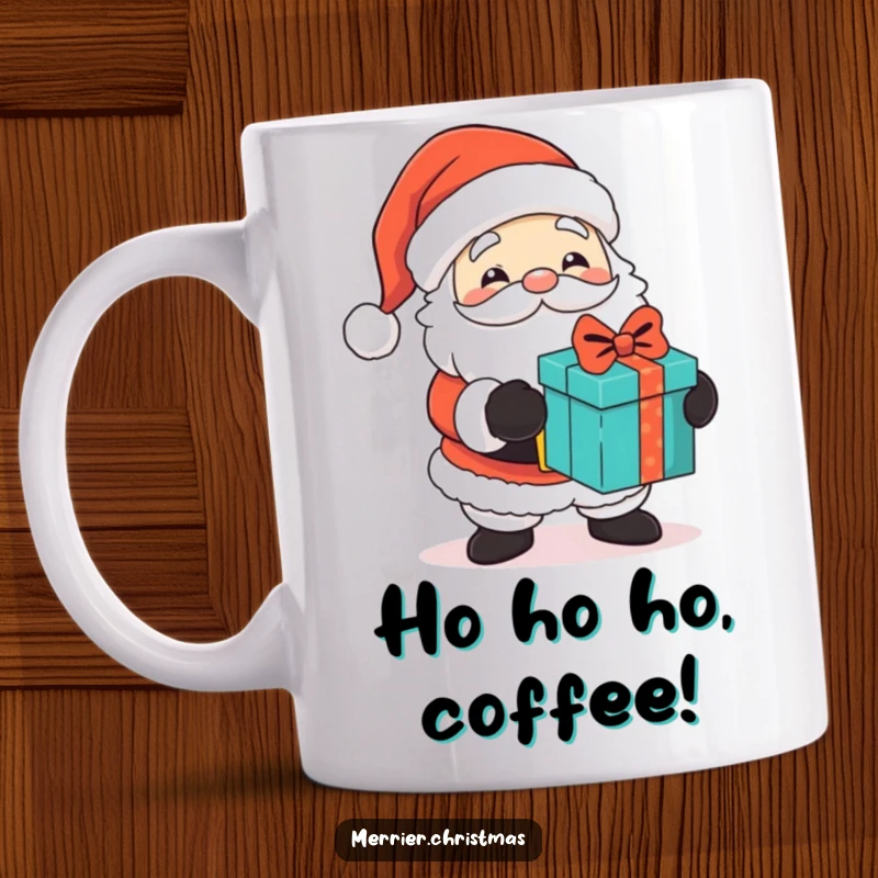 Funny mug with a cute Santa Claus character winking mischievously while handing out gifts, embodying Christmas spirit and humor.