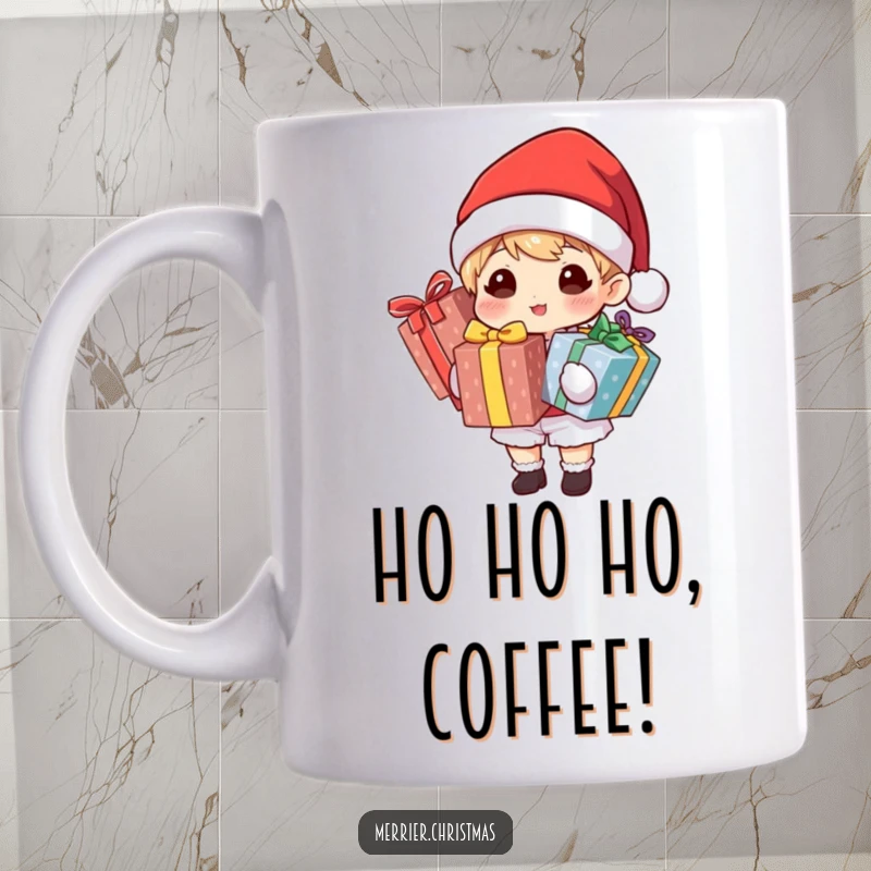 Funny mug featuring a character in a Santa hat, holding multiple brightly wrapped gifts, embodying the joyful spirit of holiday gifting.