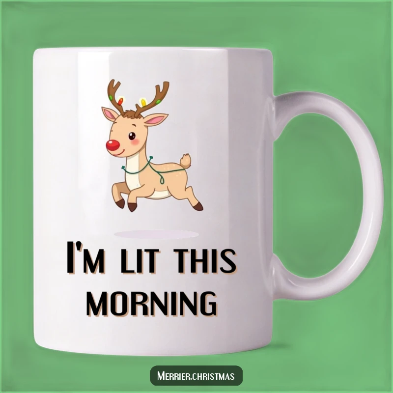 Funny Reindeer Lights Mug: Joyful Christmas Character Prancing, Perfect Funny Gift
