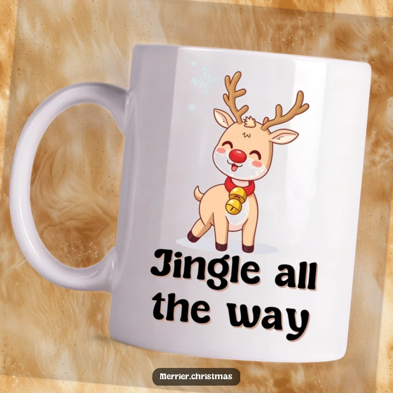 Funny Jingle Bell Reindeer Mug: a cute reindeer humorously tossing a snowflake, wearing a jingle bell collar, spreading holiday joy.