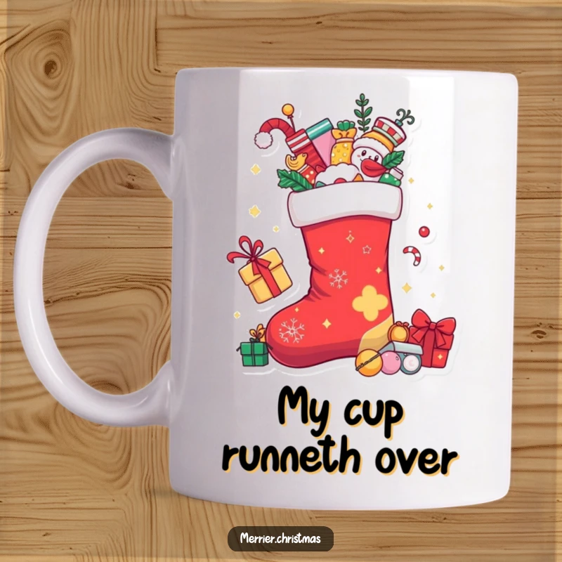 Funny Christmas stocking character overflowing with candy canes, toys, and festive items, embodying holiday fun.