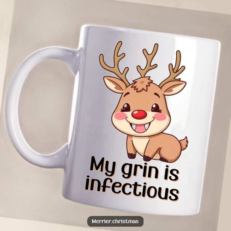 Funny Reindeer Mug featuring a character with a huge, goofy grin and rosy cheeks, radiating pure holiday joy and cheer.