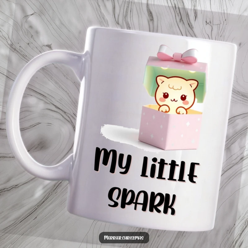 Funny mug featuring a kawaii gift box character bursting open to reveal a small, twinkling light, symbolizing joy and surprise.