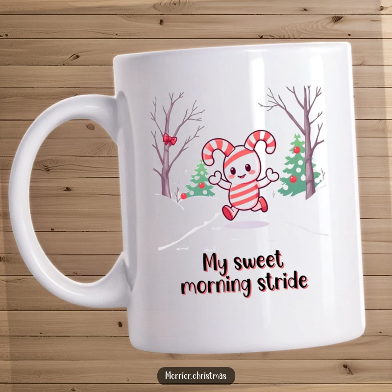 Funny mug featuring a kawaii candy cane character joyfully hopping on a snowy path, embodying Christmas merriment and holiday spirit.
