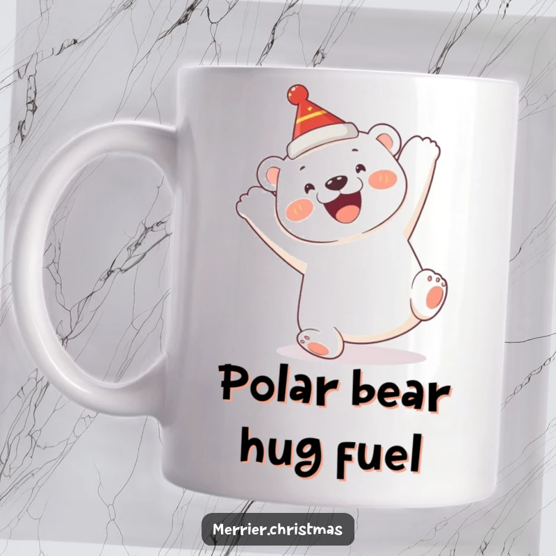 Funny Polar Bear Cub Mug: a happy cub humorously doing a somersault, wearing a festive hat, exuding pure joy.