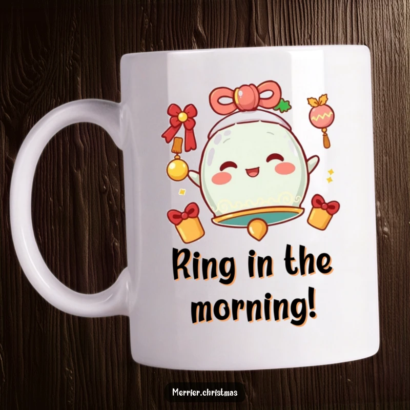 Funny Mug featuring a festive bell character vibrating cheerfully, spreading holiday joy, perfect for Christmas lovers.