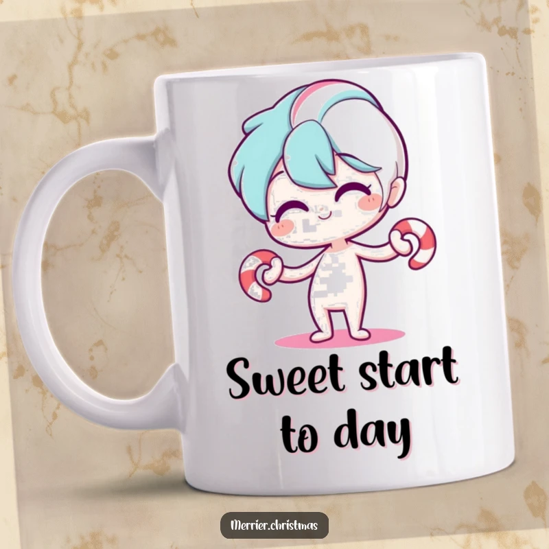 Funny mug featuring a stylized candy cane character bending playfully, radiating joy and holiday cheer, perfect for a cheerful morning.