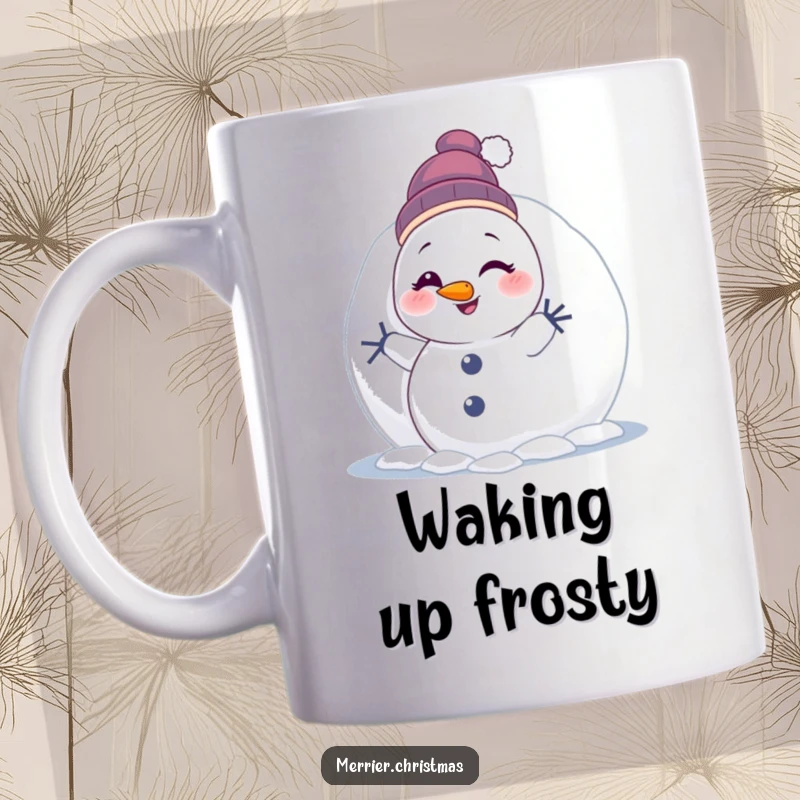 Funny Winking Snowman Mug: a cute snowman character humorously peeking from behind a snowball and winking, spreading winter cheer.