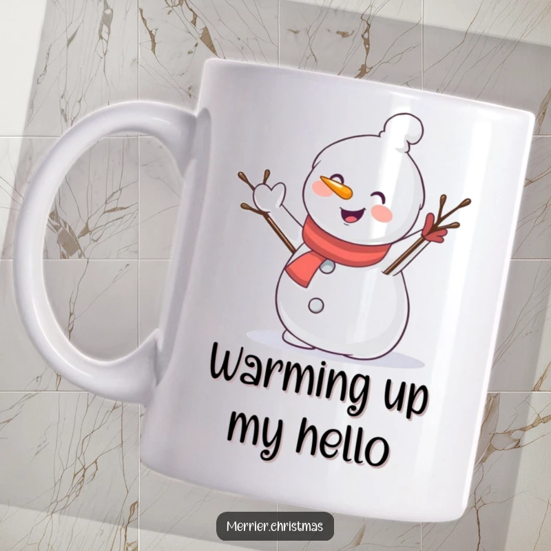 Funny mug showing a jolly snowman character waving enthusiastically using its twig arm, radiating pure winter joy and friendliness.