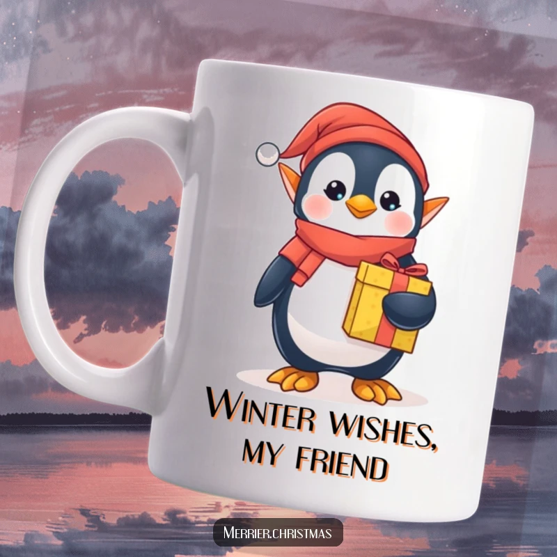 Funny elf penguin mug with a festive gift, spreading holiday cheer and cuteness. Perfect for Christmas mornings and happy gifting.