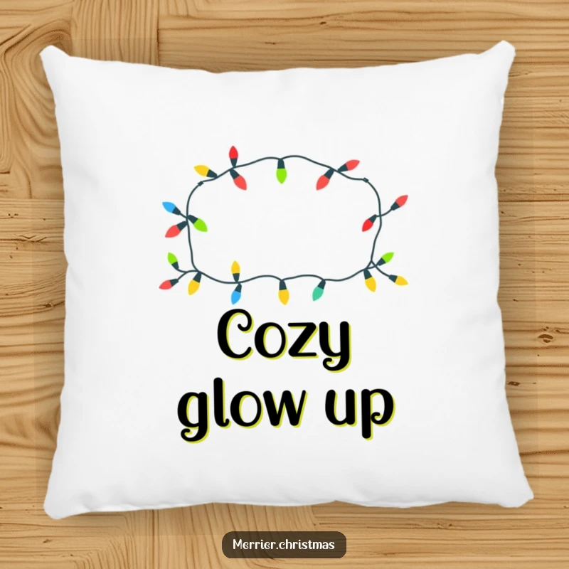 Funny Christmas lights pillow with a cheerful pattern, glowing softly, perfect for cozy holidays and as a funny gift.