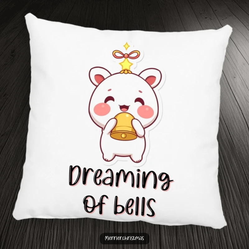 Funny decorative pillow with a kawaii character holding a sparkling bell, providing comfort and adorable charm.