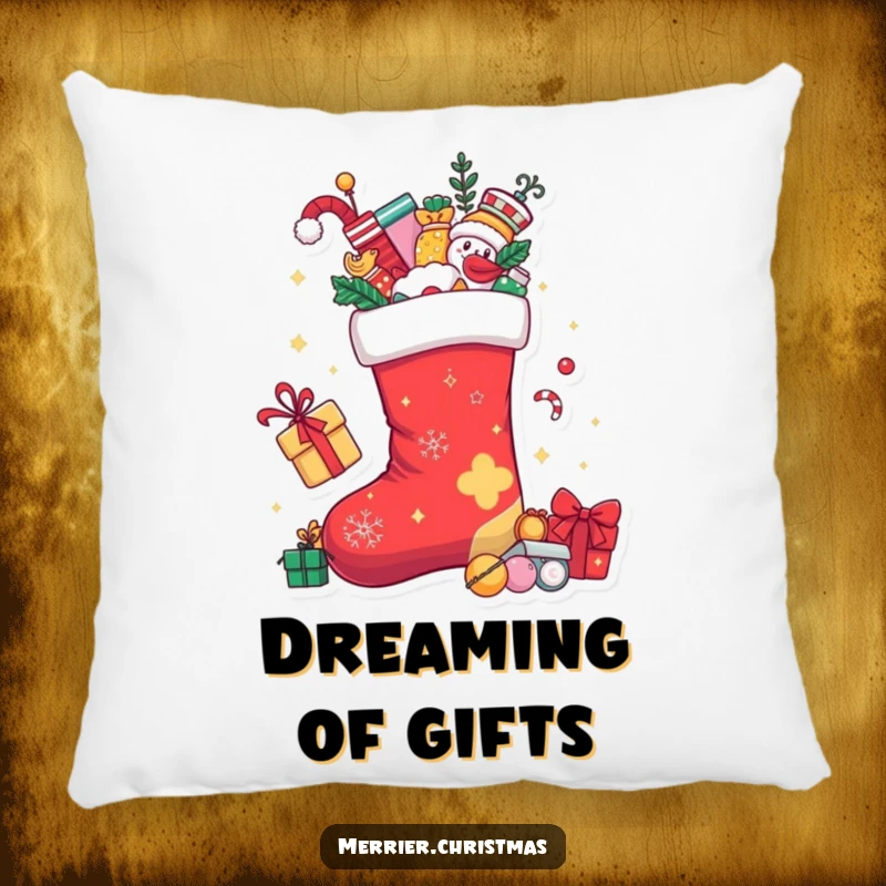 Funny Christmas stocking character overflowing with playful toys, featured on a soft, decorative holiday pillow.