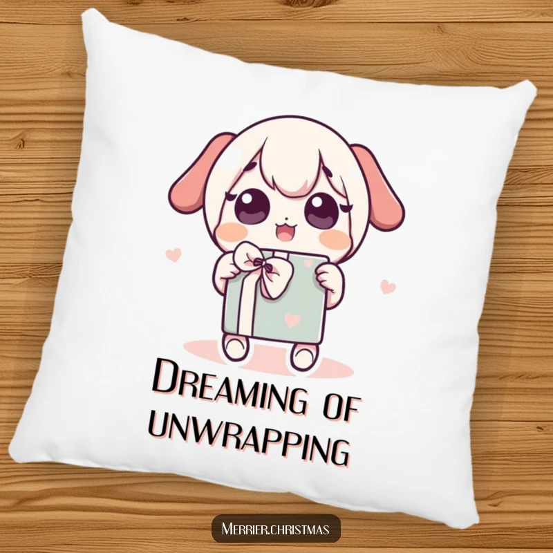 Funny Pillow featuring a cute kawaii character shaking a brightly wrapped gift, eyes wide with pure excitement and joy.